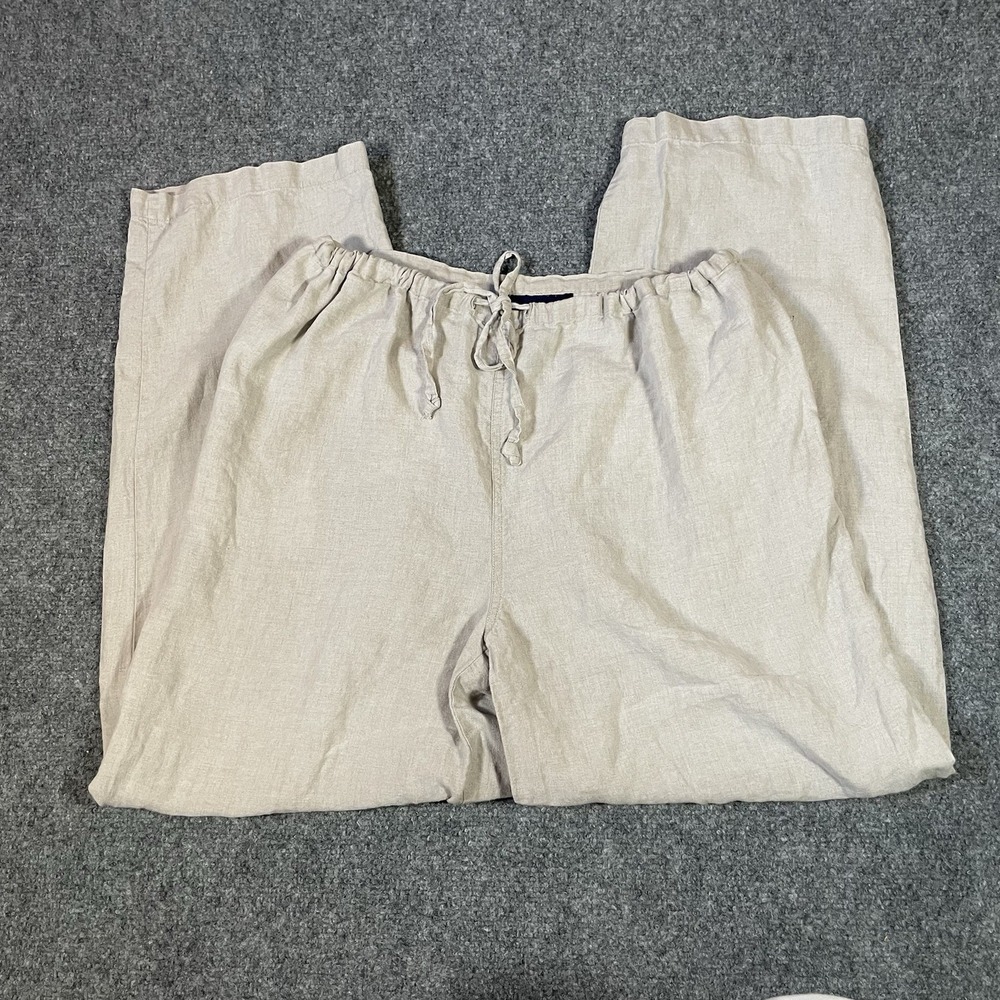 VTG Charter Club Linen Pants Medium Beige Wide Leg Drawstring Pockets Coastal